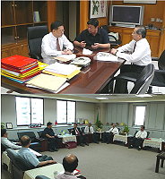 縣長陳雪生拜會警政署長王卓鈞及關稅總局長簡良機,就小三通擴大後,港務警力配置及免稅商店尋求協助解決。(圖/連江縣政府提供)