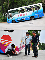 平不平,有關係!民間旅遊業者反映,雲台山登山道路的入口處,因斜坡面處理不夠好,以致車輛經過常常刮到底盤及車體,安全堪慮。(圖/文:曹重偉)
