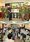 　馬祖拚觀光，此次瞄準四十萬的馬祖退伍軍人市場特推出「2009戰地青春、馬祖點召令」促銷活動，記者會由縣長陳雪生主持，向全國旅遊媒體發布這項好消息，並頒發消費抵用券給弟兄代表蔣中校及接受媒體聯訪。（圖：連江縣政府觀光局提供）