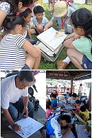 圖上:把握難得機會,小朋友們與畫家一起作畫,也學習畫畫技巧。(圖:東莒國小提供);圖下左、圖下右:藝術家進駐東引寫生,專注於個人創作的同時,也抽出時間指導小學生繪畫。(圖/文:陳其敏)