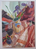 芙蓉海畫會王槿畫作於南竿機場咖啡展出。(圖:馬祖芙蓉海畫會提供)