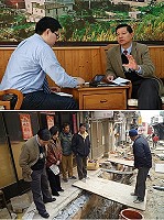 上圖:縣長楊綏生上任第一天,昨天接受哈佛商業評論雜誌專訪,主題為「大改革-馬祖的遠景」,楊綏生重申馬祖迫切需要改變的三大問題即交通、土地、人民生計。下圖:縣長楊綏生昨日前往仁愛村、復興村關心道路開挖之管溝相關工程,他要求廠商務必依照合約規範進行施工,並且做好工地管理,將交通、汙染等衝擊降到最低。(圖/文:劉秋月)