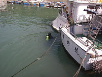 　莒光消防分隊長陳正聲潛入海中協助割除絞纜。（圖／文：陳樂團）
