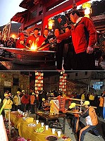 圖上:南竿燈會昨晚在福澳華光大帝廟前廣場盛大登場,點燈貴賓共同燃起火把進行點燈儀式,在一連串的煙火繽紛下,福澳村燈火齊亮,讓元宵夜好不熱鬧。(圖/文:劉秋月);圖下:2010北竿擺暝在橋仔,扛乩與表演是現場焦點。(圖/文:邱竟瑋)