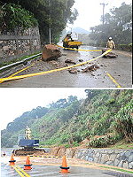 春雨不斷,北竿大道碧園及白沙海線路段分別發生巨石坍落及土石流。(圖/文:陳鵬雄)