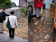 民家淹水、滿地泥濘真實上演!介壽獅子市場後方莊姓民宅農曆年後逢雨必淹,經南竿鄉公所現勘,委請廠商立即先行疏浚。(圖/文:曹重偉)