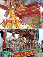 搭載宜蘭金媽祖神像的車子在樺棋營造協助下,利用工程平台船從南竿運到北竿參加遶境,讓北竿民眾目睹「金」的媽祖。(圖/文:陳鵬雄)