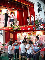 國立馬祖高中昨舉行九十八學年度畢業典禮,畢業生一一從校長蔡國強手中接下畢業證書,而為畢業班導師獻花時,師生都忍不住紅了眼眶,現場也盈滿淡淡離別的感傷。(圖/文:劉秋月)