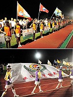 九十九年縣運開幕式盛大登場,各隊伍旌旗羅列,吉祥物及大會會旗輪番進場,大型煙火秀更是讓全場為之轟動。(圖/文:曹重偉)