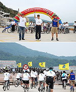 單車成年禮昨天在副縣長林星寶、議長陳貴忠,以及功學社董事長謝正寬共同主持鳴槍下,一起騎乘出發。(圖/文:劉秋月)