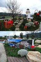 2010台北國際花卉博覽會,馬祖地景閃耀大佳河濱公園,有原比例縮小的東引燈塔、封火山牆,還有多款馬祖原生植物和花卉。為了讓全縣小四學生和弱勢民眾有機會參訪花博,縣府相關單位也在準備。(圖:小綠毛創作工坊提供)