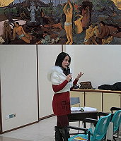 上圖為高更的經典鉅作「我們從哪裡來?我們是誰?我們將往哪裡去」;配合台北市立美術館剛結束的高更名畫展,藝術史專家方秀雲特別應芙蓉海畫會邀請來馬演講,與鄉親暢談高更的自畫像還有生平。(圖:呂琬婷提供)