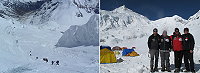 馬祖遠征隊在基地營前合影,馬納斯鹿峰全年幾乎都在下雪的惡劣天氣下,李小石昨天完成攻頂,是成功挑戰世界第8高峰全國第一人。(圖:林青青提供)