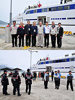 　又見「海峽號」！兩岸紅十字會聯合見證端午節前遣返作業，中華民國紅十字會總會秘書長吳斯懷專程來馬，與對岸紅十字會組織總會聯絡部台港澳處處長張虎等人在福澳港相見歡。（圖／文：曹重偉）