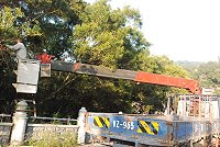 縣府建設局昨天大舉出動,修剪民俗文物館附近行道樹。(圖/文:邱竟瑋)