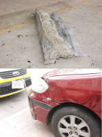 南竿介壽廣場前天下午發生一起水泥塊砸中車子的事件,所幸當時無人經過,沒有造成人員傷亡。(圖/文:邱竟瑋)