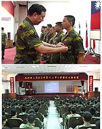 指揮官任中將於月會中為優秀軍士官授勳,表達誠摯的祝賀之意。為建立官兵正確軍法紀觀念,以落實「軍人武德、優良情操」作為,特邀馬祖軍事審判庭庭長于健昌中校,實施專題報告。(圖/文:朱育琳)