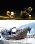 　北竿籍漁船進港不慎撞上消波塊，導致船身進水，船主緊急開船衝往福清道救難大隊小艇上架斜坡，在岸巡、港務及消防單位的全力協助下，歷經五小時拖上岸並固定。（圖：岸巡大隊提供）