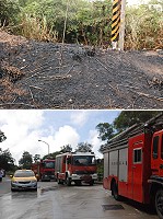 馬港「煙霞連江」牌樓上方昨天上午發生火燒山,在消防局與義消全力灌救下,迅速撲滅。(圖/文:邱竟瑋)