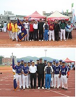 上圖:任指揮官與副縣長及全體參賽隊伍合影。下圖:任指揮官等在開幕式時與參賽官兵代表隊合影。(圖:吳祥瑞/文:黃國真)