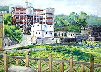 　地區小畫家劉增鴻參加今年「璞玉發光、一百年藝術行銷活動」放異彩，其參賽作品「鄉村菜園」不僅獲得西畫類國中組十件優選之一，還獲得買家青睞，以台幣5500元售出。（圖：邊城畫室提供）