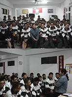 　（上圖）心衛中心志工媽媽和與會群部連官兵合影。（下圖）志工媽媽與官兵分享抗壓解憂方式。（圖：曾俊諺／文：黃國真）