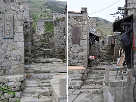 原本古樸蕭瑟的芹壁南面山聚落(左圖),配合電影「花漾」改造場景搖身一變成為熱鬧古商店街(右圖)。(圖/文:陳鵬雄)