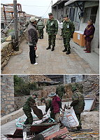 (上圖)任指揮官視導官兵清運狀況,並聽取鄉親需求。(下圖)南竿、北竿及莒光等地區,到處可見部隊弟兄戴著手套,穿梭於巷弄中,協助村民清運各種廢棄物。(圖/文:曾俊諺)