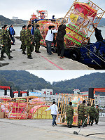 今年「兩馬同春鬧元宵」對岸致贈第二批花燈昨天運抵馬祖,觀光局長劉德全、山隴境白馬尊王廟廟管會主委副議長曹以標等人都專程前往碼頭迎接,最快可望今晚就能在介壽廣場上風光亮相。(圖/文:曹重偉)
