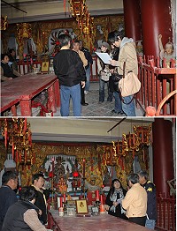 文化局邀請神像達人魏俊邦抵達福正天上聖母廟研擬廟內泥塑神像保存方法。(圖/文:林冰芳)