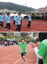 第36屆介壽國中小校慶運動會昨天舉行第2天賽事,中年級組大隊接力賽由四忠班拿下冠軍,最後一棒選手臉上洋溢著喜悅。(圖/文:邱竟瑋)