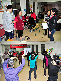 銀髮族動起來!復興村關懷據點晚間規律運動班4月開跑,首日吸引50位依公、依嬤前往運動,主辦單位也先為長者們量身高、體重及血壓做前測及健康記錄。(圖/文:曹重偉)
