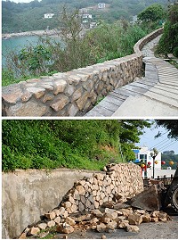 南竿鄉公所執行上年度省府補助基層建設工程,不管是往津沙村的小路,還是仁愛村老人活動中心前的道路及擋牆,設計採石頭風貌,與在地景觀融合,顯現傳統聚落風貌,頗令鄉親稱道。(圖/文:劉秋月)