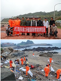 響應行政院環保署101年全國春季淨灘(山)活動,環保局、南竿鄉公所偕同馬防部及第十岸巡大隊弟兄,昨天上午在珠螺進行擴大淨灘活動,不過馬祖海漂垃圾量真是驚人,淨灘人員實在辛苦。 (圖/文:劉秋月)