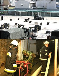 馬防部進行消防演練,藉由演練落實平日訓練,期能達到災害零傷亡之目標及港口守備部隊於福澳港展開防禦陣勢,阻絕來犯敵軍。(圖:馬防部提供)