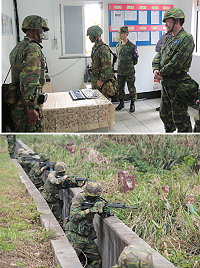 (上圖)指揮官任中將視導莒光戰時心衛中心。(下圖)據點官兵在灘岸旁工事展開陣勢,迎擊來犯敵人。(圖/文:曾俊諺)
