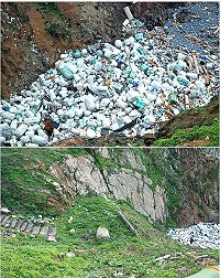 東引自豪的「國之北疆」景點,下方后澳欣賞海蝕地形處,卻有多年不曾清理過的海漂垃圾堆,做到一半的階梯也不知所為何來,讓遊客質疑重要景點的環境清潔有待加強。(圖/文:劉秋月)