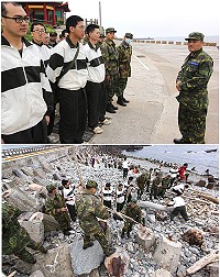 (上圖)政戰主任何上校對淨灘活動的參與弟兄做勤前教育。(下圖)弟兄們協力撿拾岸邊漂流木,以利後續資源再利用。(圖:王敏旭/文:邱偉倫)