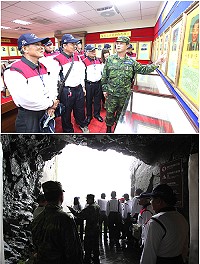 (上圖)勞軍團來到東引指揮部隊史館,藉由解說官的仔細講解,一同進入東引指揮部的時光隧道。(下圖)勞軍團來到前人所打造的鬼斧神工「安東坑道」,裡頭更有成群黑尾燕鷗翱翔天際的獨特景觀。(圖/文:王敏旭)