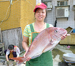 一隻較少見大嘉臘魚,重11斤,福澳街頭前天下午兜售,漁販還拿起給周圍觀賞。(圖:馬祖磯釣協會曹祥官提供)