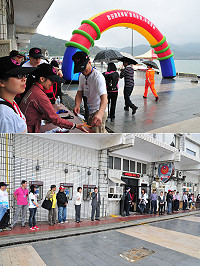 「寶瓶星號」首度馬祖遊受天候及海象不佳影響,船方考量旅客安全取消登島遊程,而縣府於岸邊的歡迎佈置及工作均已準備就緒,未能派上用場,縣長楊綏生勉勵大家期待6月的第2航次。(圖/文:曹重偉)