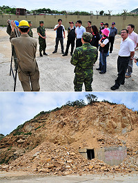 為了解復興油庫坍方及軍方後續處理,議長陳貴忠、副議長曹以標等議員,昨天上午專程前往現地會勘,軍方強調已做好防護措施,絕對不會對村莊造成威脅。(圖/文:曹重偉)