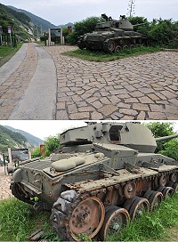 坂里北海坑道入口一部展示用戰車年久失修,車體已嚴重鏽蝕。(圖/文:陳鵬雄)