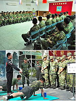 (上圖)莒指部日前舉辦「體適能訓練示範暨熱傷害防治講習」,各級幹部均出席與會。(下圖)經由實作示範,使官兵快速吸收體適能訓練作法與動作要領。(圖/文:黃俊勝)