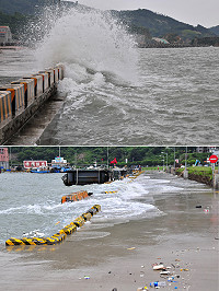 輕度颱風「蘇拉」迫近,昨天一整天持續出現間歇風雨,雖然蘇拉尚未過境,也未有災情傳出,但強大風力及大潮讓南竿各澳口是湧浪不斷,警方及岸巡均派出車輛呼籲鄉親勿靠近海邊,以策安全。(圖/文:曹重偉)