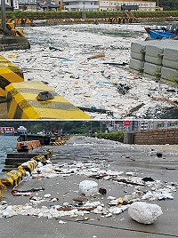 　受到颱風過境及大漲潮影響，福澳港內海面及碼頭面都湧進大批海漂垃圾，嚴重影響觀瞻。（圖／文：曹重偉、劉秋月） 