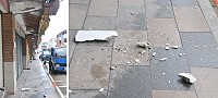 塘岐中正路國宅騎樓上方天花板水泥塊無預警從天而降。(圖/文:陳鵬雄)