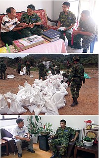 (上圖)東引指揮部政戰主任何上校慰問防區榮民前輩,協助進行各項防颱措施。(中圖)東引指揮部官兵弟兄適時製作沙包支援民間使用,保障民眾安全。(下圖)東引指揮部賀指揮官與鄉公所林秘書就各項防颱整備工作及支援需求交換意見,齊心協力守護家園。(圖/文:蔡耀緯)