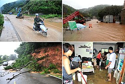 南竿地區受到「蘇拉」颱風後續環流影響,傾盆大雨讓含水量飽和已達界限的山坡、林地發生多處坍方及土石滑落,尤其中山門往馬港路段最為嚴重,西區各村到處可見積水及濁流肆虐。(圖/文:曹重偉)