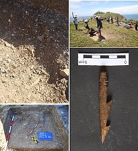 左上、左下:「亮島人二號」出土!馬祖考古隊一行再度登上亮島,進行長達19天的挖掘工作,在「島尾一號」遺址開挖的坑洞中,再度挖出一具相當完整的人骨。右上、右下:亮島第二度的考古挖掘工作,還出土完整以獸骨磨製而成的魚叉,依照地層推估至少有7500年。(圖:馬祖考古隊提供)